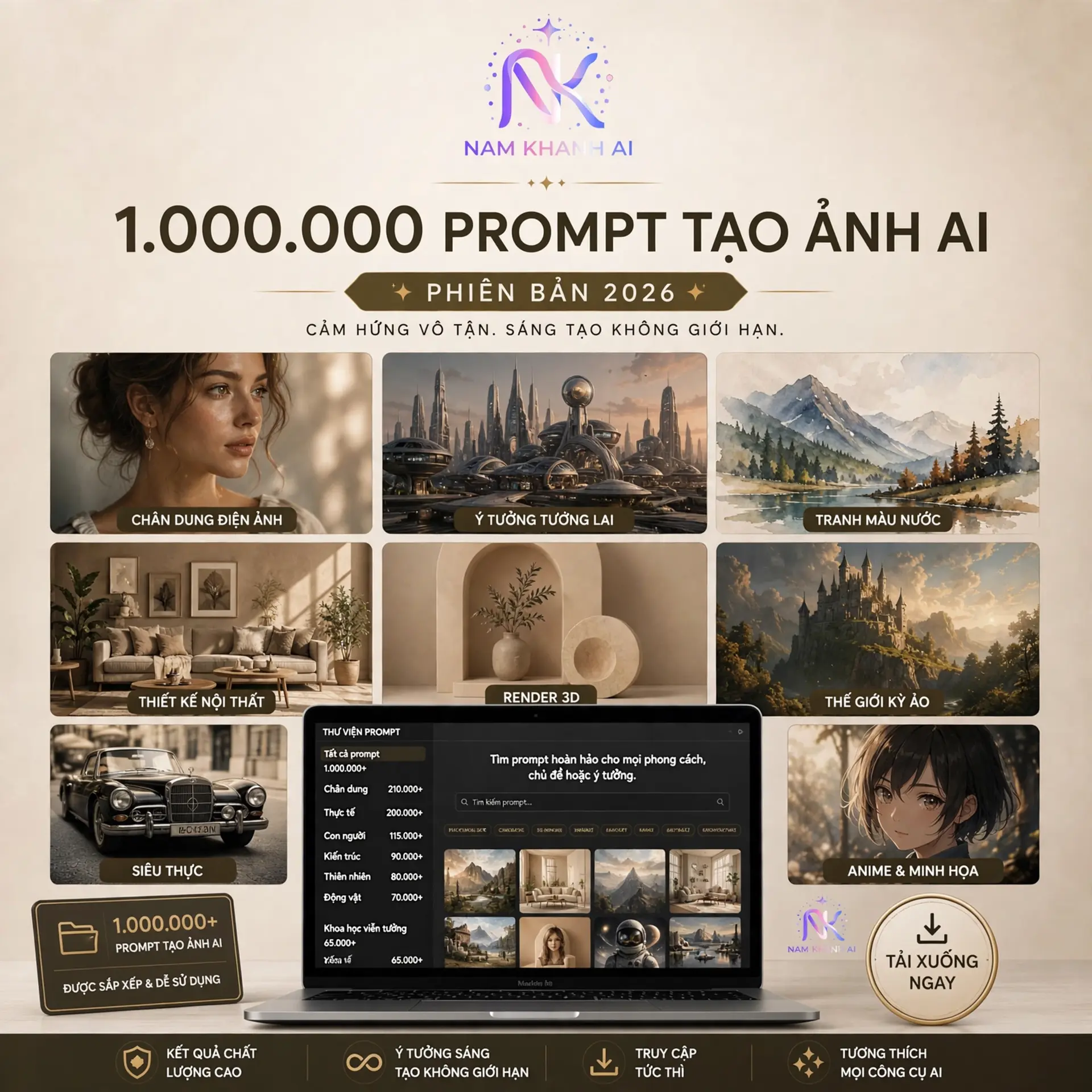 Ảnh bộ tài nguyên 1.000.000+ Prompt Tạo Ảnh AI của NAM KHANH AI